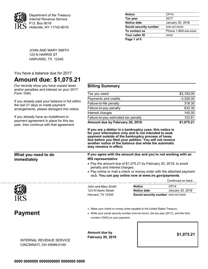 Page 1 of an official IRS sample CP14 notice